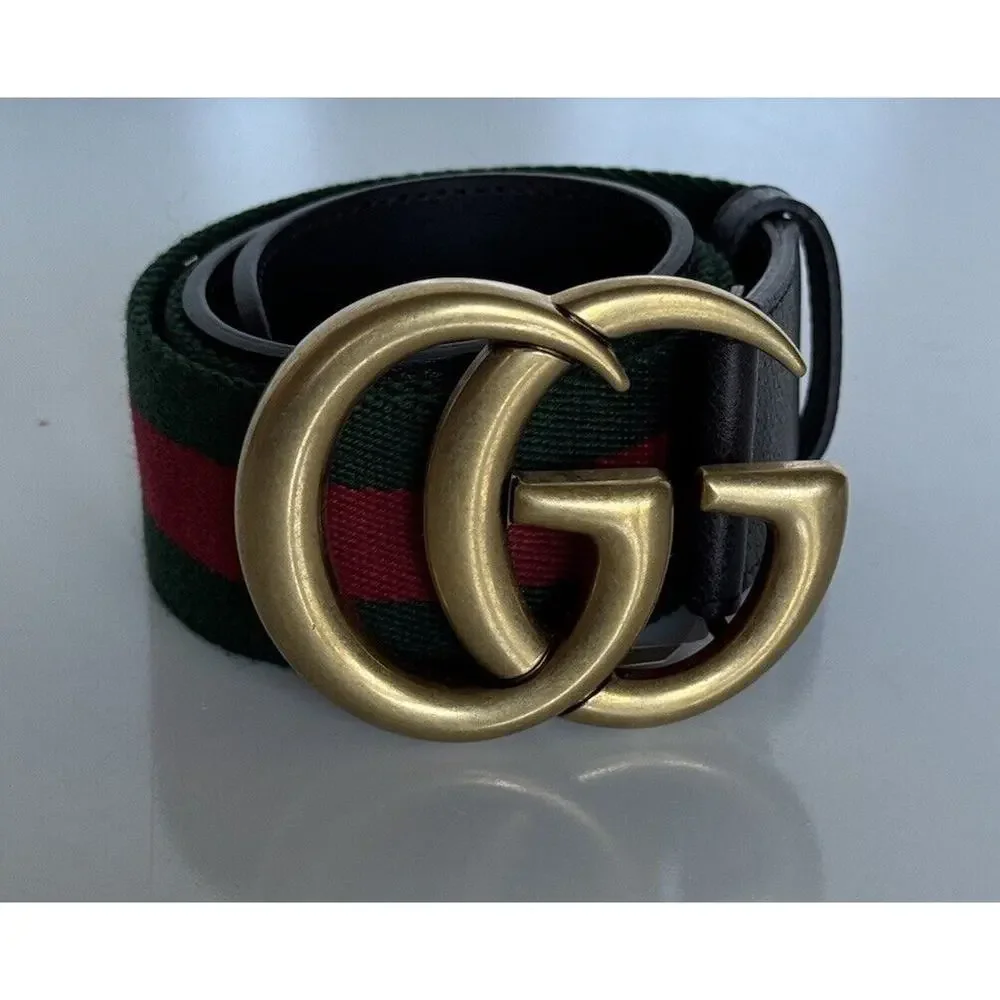 Gucci Web GG Marmont Leather/Fabric Belt Green/Red/Brown 80/32 IT 409416 NWT